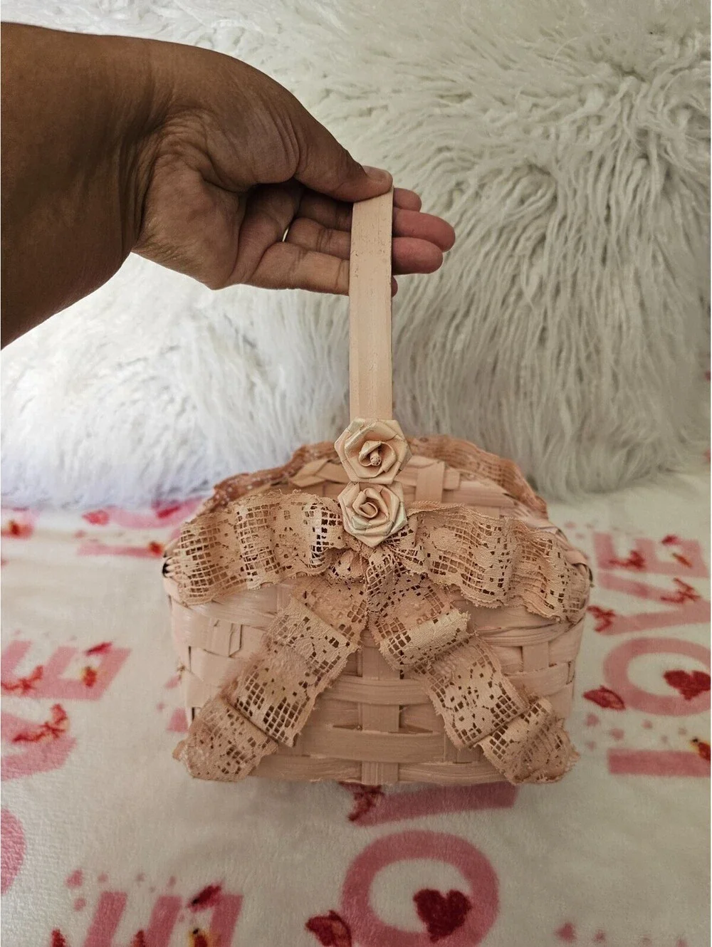Vintage Hand-Woven Painted Basket Lace Pink 11X7.5 Philippines Floral Decor